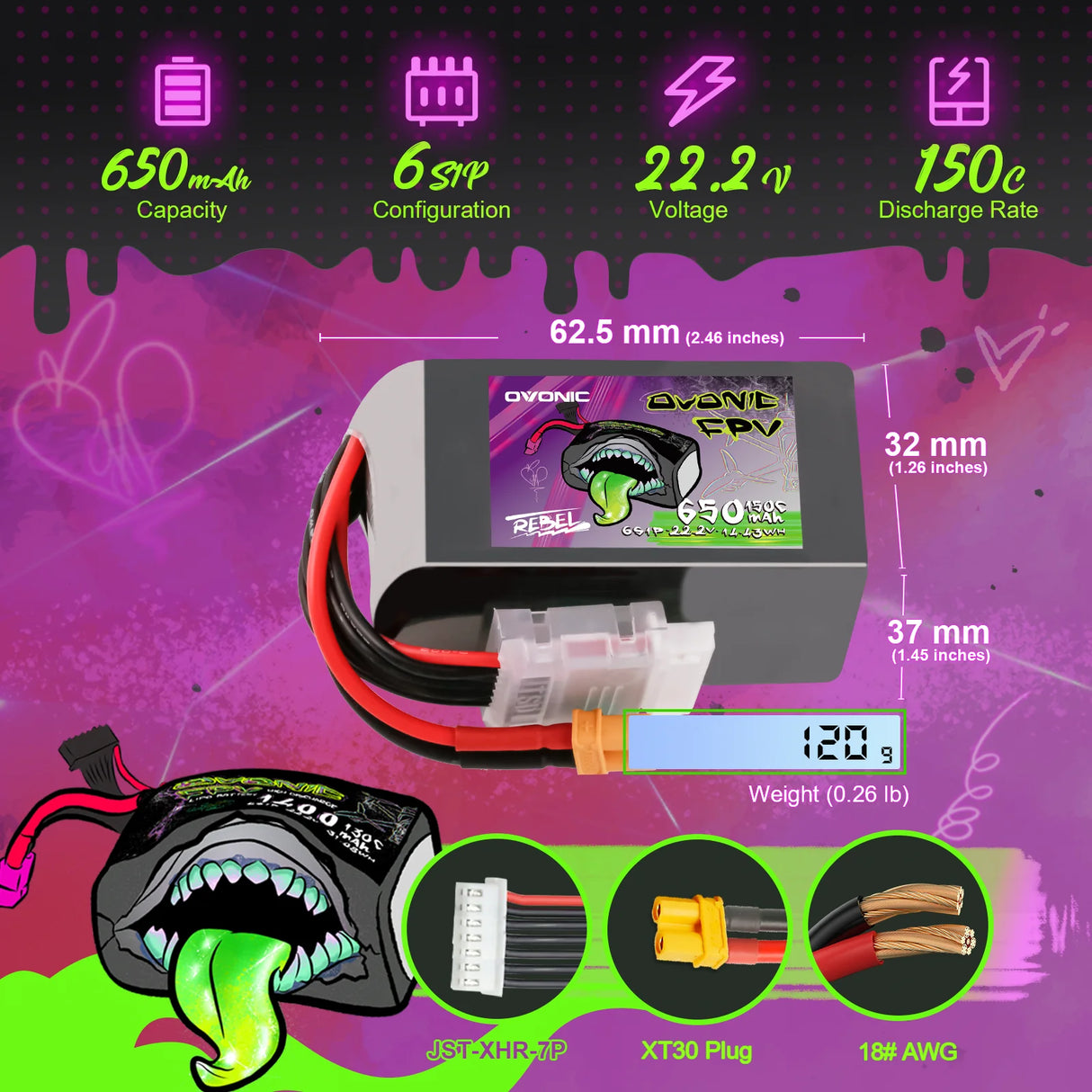 Ovonic Rebel 2.0  6S 650mAh 150C 22,2V XT60 Lipo Akku (2 Stück)