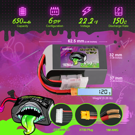 Ovonic Rebel 2.0  6S 650mAh 150C 22,2V XT60 Lipo Akku (2 Stück)