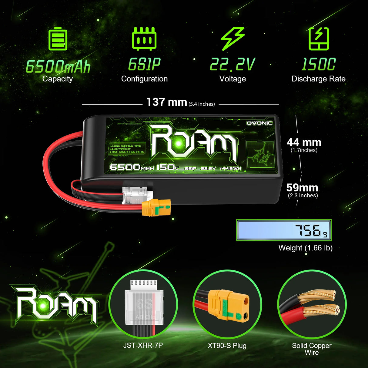 Ovonic Roam Series 6S Lipo Akku 6500mAh 6S1P 150C 22,2V und XT90-S