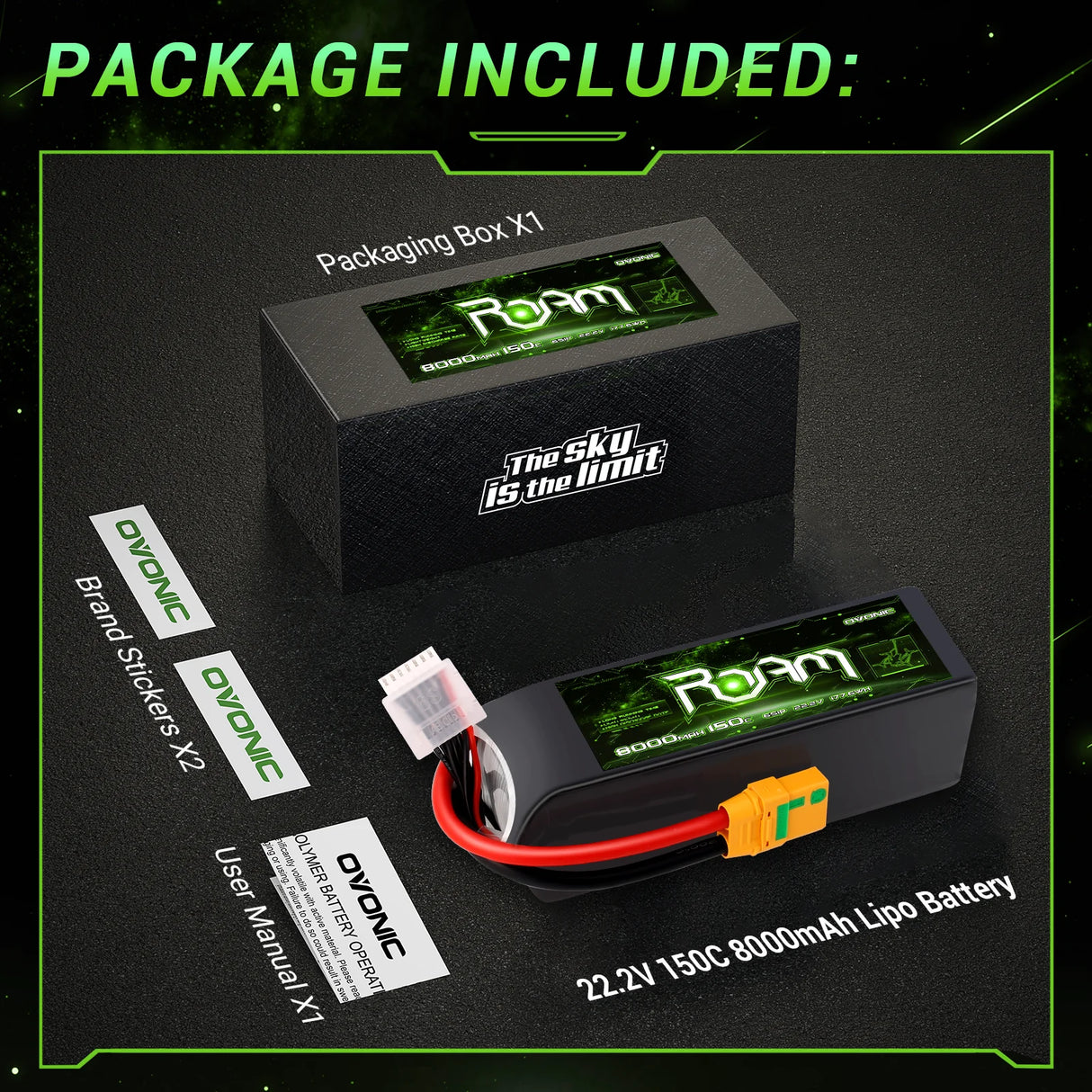 Ovonic Roam Serie 6S Lipo Akku 8000mAh 6S1P 150C 22,2V mit XT90-S