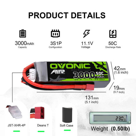 Ovonic 3S 3000mAh 50C 11,1V lang T-Stecker Lipo Akku (2 Stück)