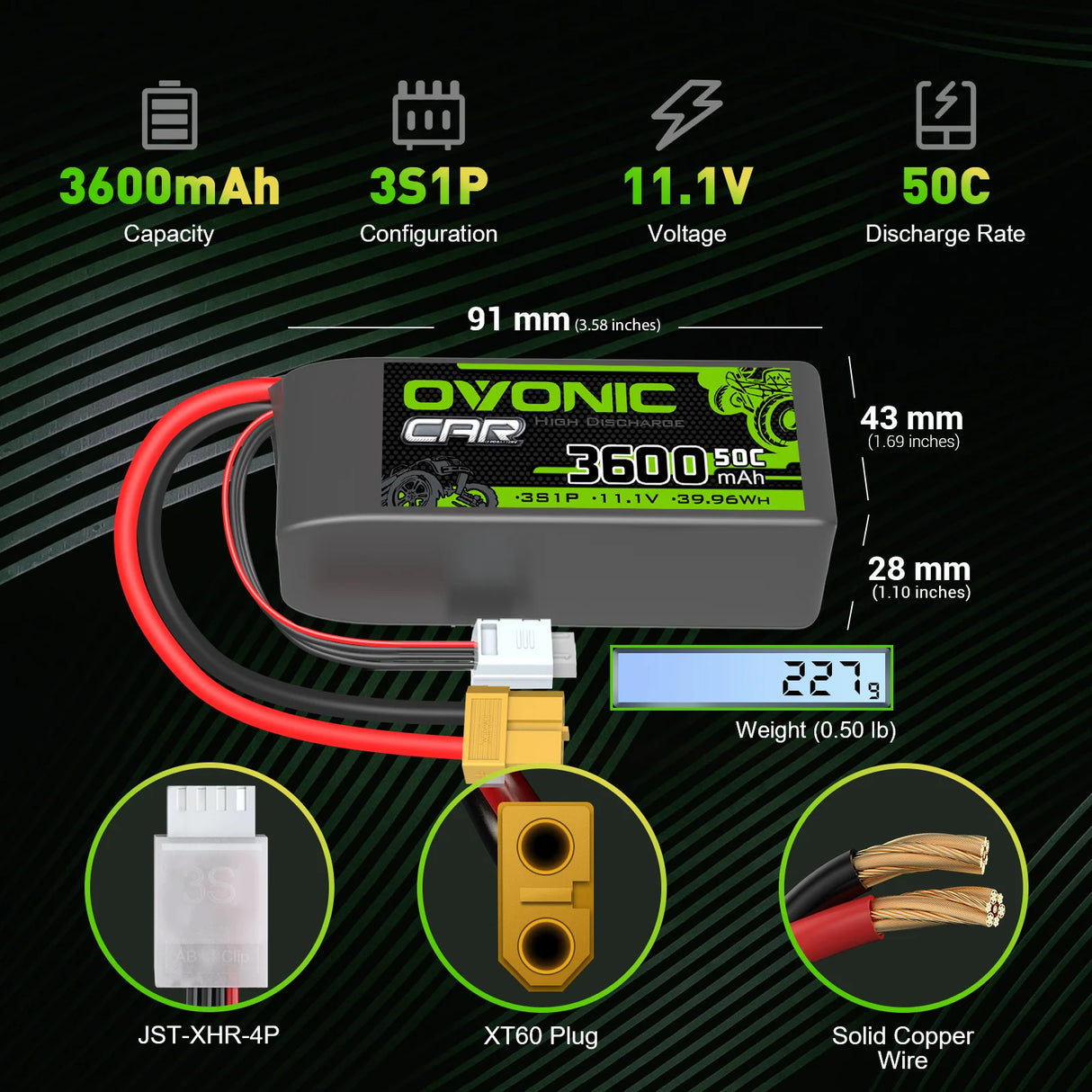 Ovonic Car 3S Lipo Akku 3600mAh 3S1P 50C 11,1V Lipo Akkupack mit XT60- und EC3-Stecker