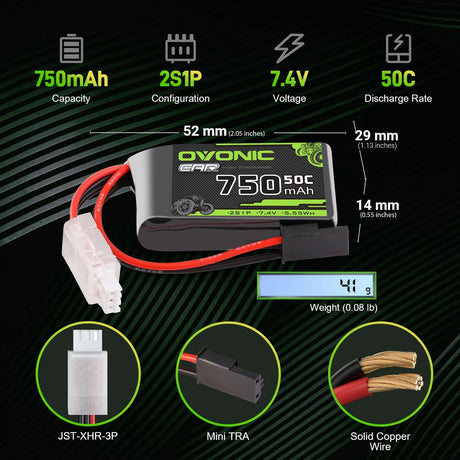 Ovonic Car 2S Lipo Akku 750mAh 2S1P 50C 7,4V RC CAR Lipo Akku mit XT60 zu TRA Anschluss (2 Stück)