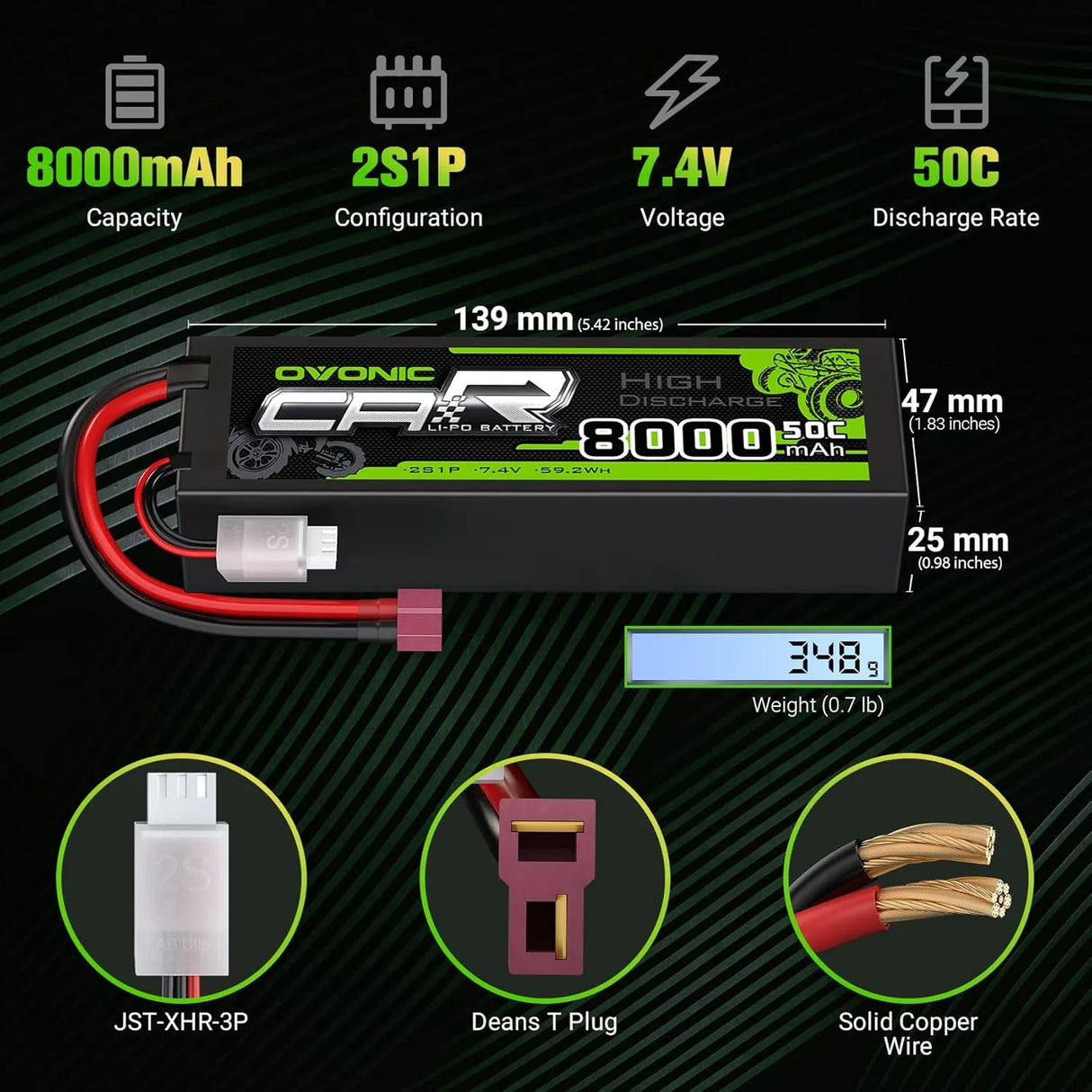 Ovonic Car 2S 8000mAh Lipo Akku 2S1P 50C 7,4V RC Lipo Akku HardCase mit Deans T Stecker