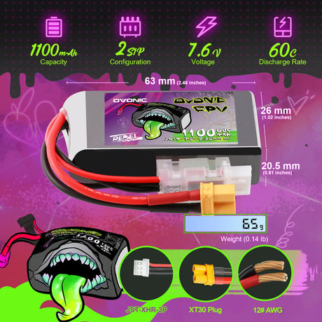 Ovonic Rebel 2.0 2S 1100mAh 60C  7,6V XT30 LiHV LiPo Akku (2 Stück))