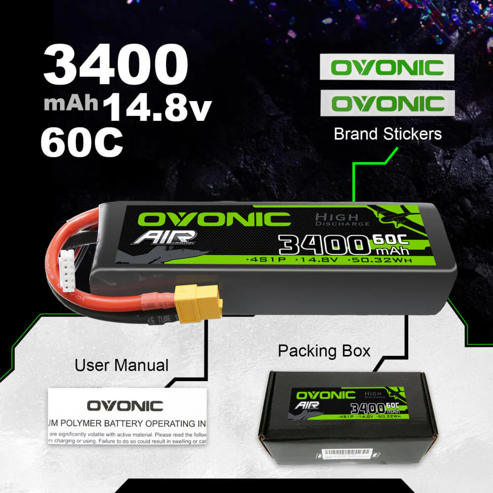 Ovonic Air 4S LiPo Akku 3400mAh 14,8V 60C für RC-Flugzeuge mit XT60 und Deans-Stecker