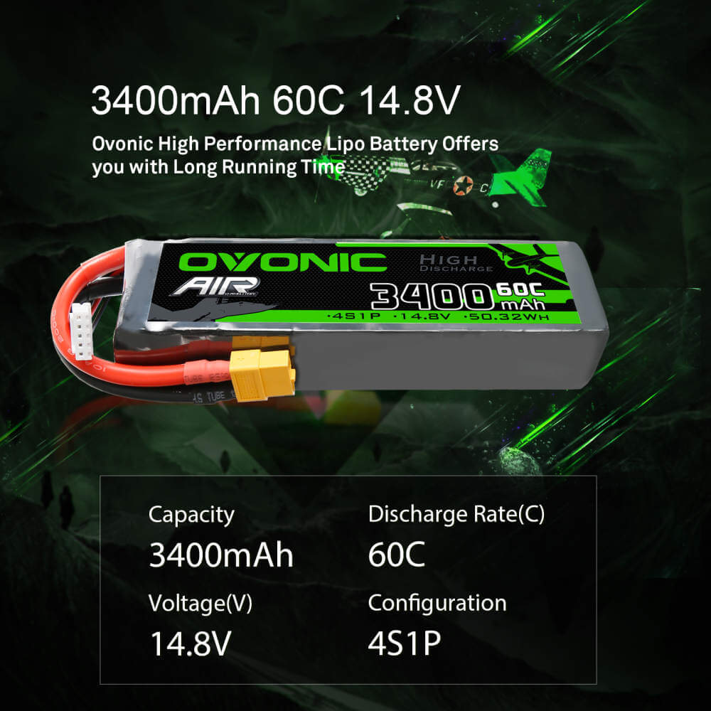 Ovonic Air 4S LiPo Akku 3400mAh 14,8V 60C für RC-Flugzeuge mit XT60 und Deans-Stecker