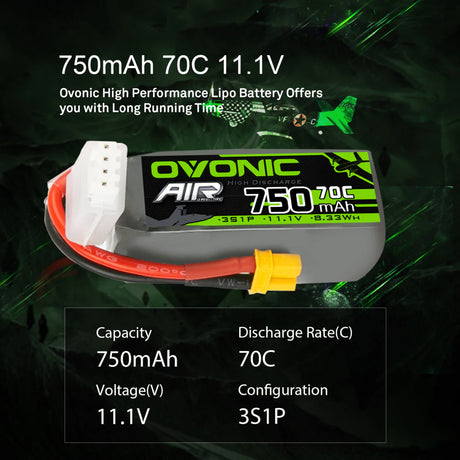 Ovonic Air 3S LiPo Akku 750mAh 11,1V 70C für RC-Helikopter LOGO 200 - XT30-Stecker