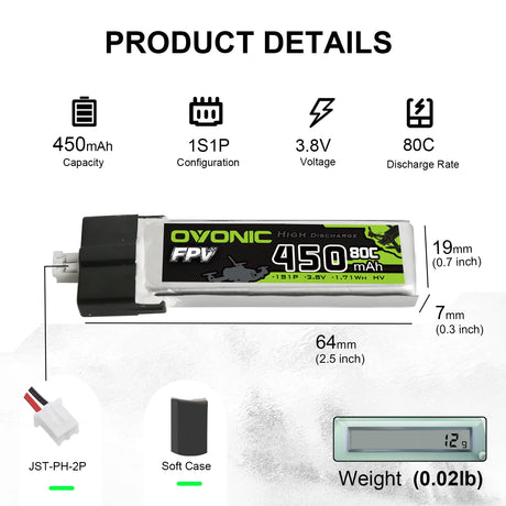 Ovonic FPV 1S 450mah 3,8V 80C HV-Lipo JST PH2.0 (4 St.)