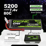 Ovonic 2S LiPo Akku 5200mAh 80C 2S1P 7,4V LiPo-Akku mit Deans-Stecker (2 Stück)