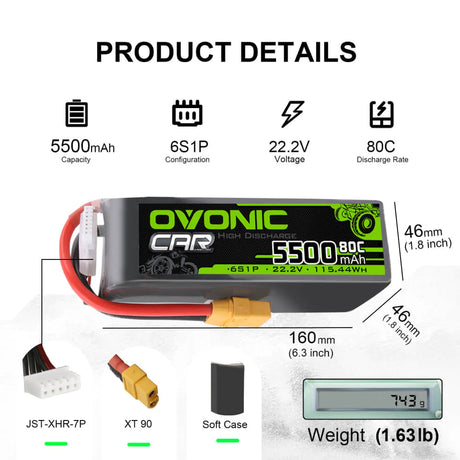 Ovonic Car 6S 5500mAh 80C 22,2V XT90 RC Car Airplane Heli LiPo Akku