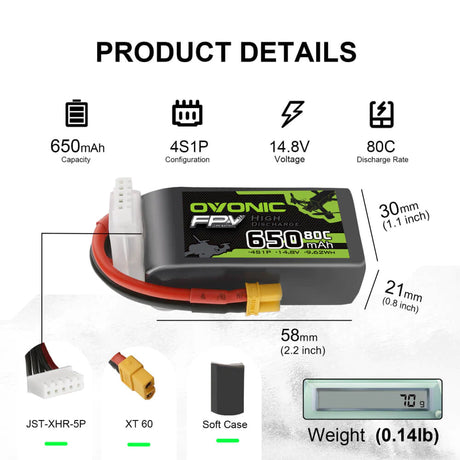 Ovonic FPV 4S 650mah 14,8V 80C XT30 FPV Lipo Akku