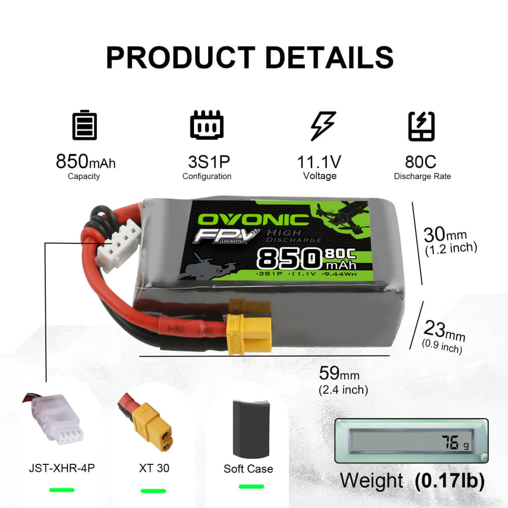 Ovonic FPV 3S 850mAh 11,1V 80C XT30 Lipo Akku (4 Stück)