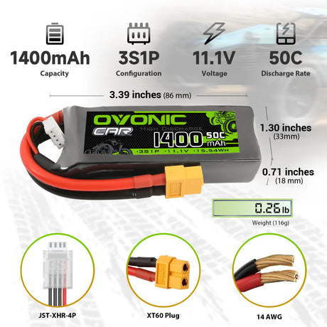 Ovonic Car LiPo Akku  11,1V 1400mAh 50C 3S Lipo-Akku mit XT60- und TRX-Stecker (2 St.)