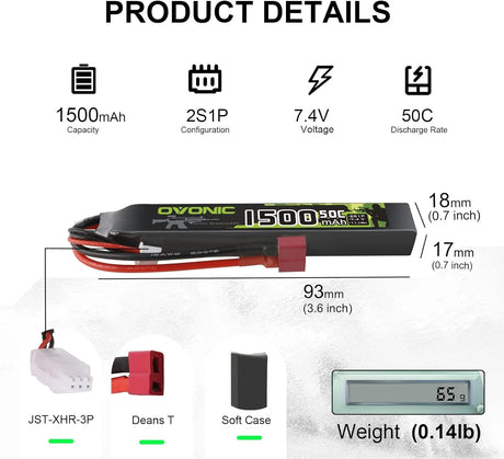 OVONIC 2S LiPo-Akku 1500mAh 2S1P 50C 7,4V Airsoft-LiPo-Akku mit Softcase und T-Stecker