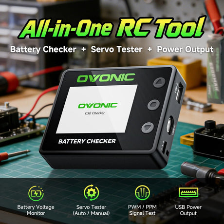 OVONIC C30 Smart-Akkutester und Zell-Balancer für 1S-8S LiPo-, LiHV-, LiFe- & Li-Ion-Akkus, PWM/PPM-Servotester, 30 W USB-C PD & 22,5 W USB-A Schnellladeausgang