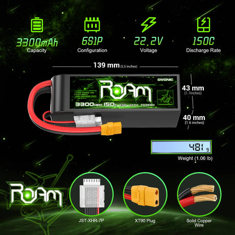 OVONIC Roam Serie 22,2V 3300mAh 150C 6S LiPo-Akku mit XT90-Anschluss ( 2 St. )