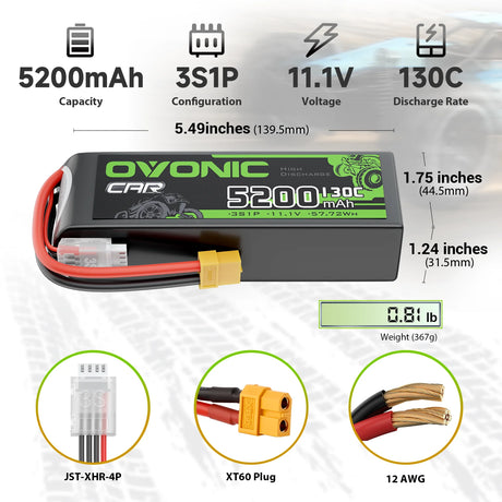 Ovonic Car LiPo Akku 3S 5200mAh 130C LiPo-Akku mit XT60-zu-TRA-Stecker