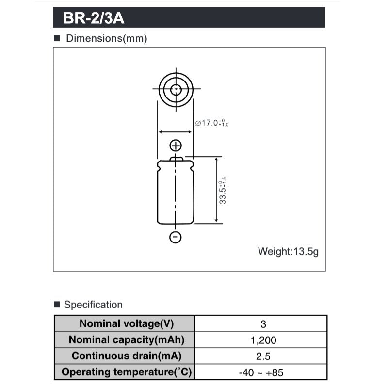 BR-2/3 A Panasonic Lithium Batterie 3,0 Volt mit Lötfahnen in Z-Form