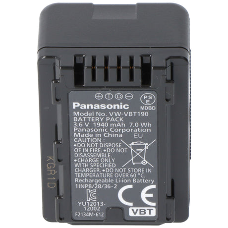 Panasonic VW-VBT190E-K Original Akku VW-VBT190, HC-VXF999, HC-VX878, HC-VX989, HC-V110, HC-V130, HC-V160, HC-V180, HC-V210, HC-V250, HC-V270, HC-V380, HC-V510, HC-V550, HC-V727, HC-V757, HC-V777, HC-WX979, HC-W570, HC-W580, HC-W858
