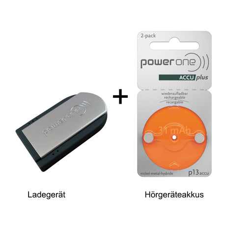 PowerOne Hörgeräte-Bundle – Pocketcharger + P13 PR48 ACCUplus (2er Pack)