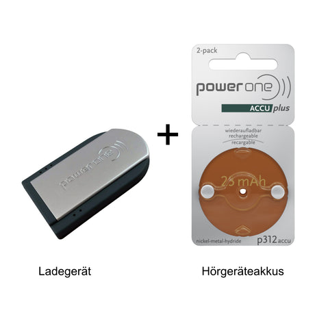 PowerOne Hörgeräte-Bundle – Pocketcharger + P312 PR41 ACCUplus (2er Pack)