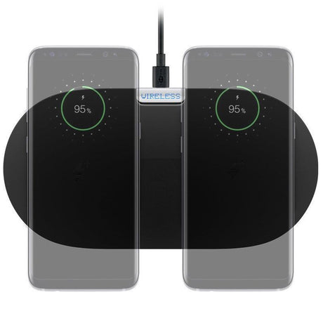 AccuCell Die QI kabellose Dual-Schnellladematte mit 10 Watt Schnell-Ladestrom max. 2a ind. schwarz ideal für 2 Smartphones, Handy, Tablet