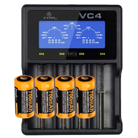AccuCell Li-Ion Schnellladegerät mit Einzelkanalsteuerung inkl. 4 Stück CR123A Li-Ion Akku 760mAh und 1x AccuCell AccuSafe