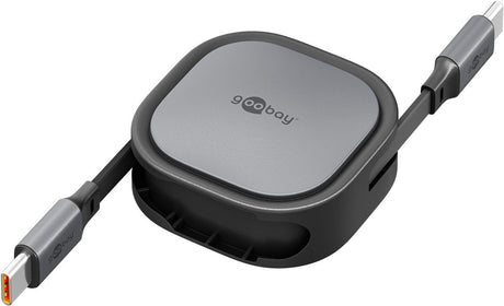 Goobay Selbstaufrollendes USB-C-Kabel in robuster Gehäusebox, 15 W, ultrakompakt und leicht, Kabellänge 1 Meter, schwarz