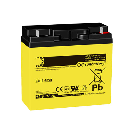 Sun Battery SB12-18V0 12 Volt 18 Ah LxBxH 182 x 77 x 168 mm, Anschluss Flachpol mit 6mm Bohrung, VdS-Zertifikat G112049, flammenhemmendes Gehäuse