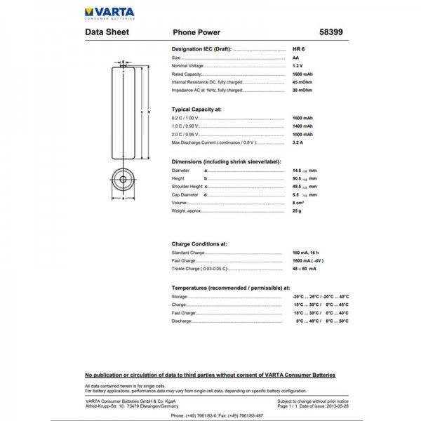 Varta Akku für Siemens Gigaset 3015 S 1,2V 1600mAh