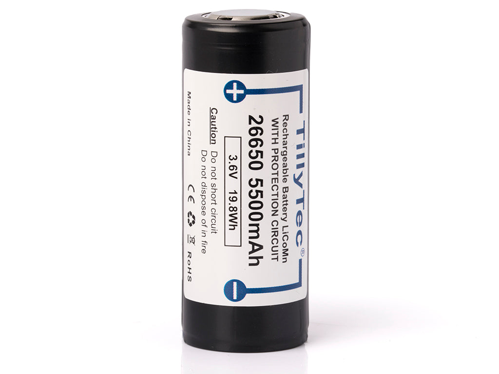 TillyTec 26650 - 5500mAh, 3,6V - 3,7V Li-Ion-Akku PCB geschützt