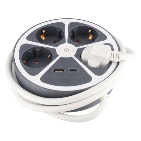Heitech Tischsteckdose 4-fach mit USB-A und USB-C Ladeanschluss, runde Form, Kabellänge 1,4 Meter