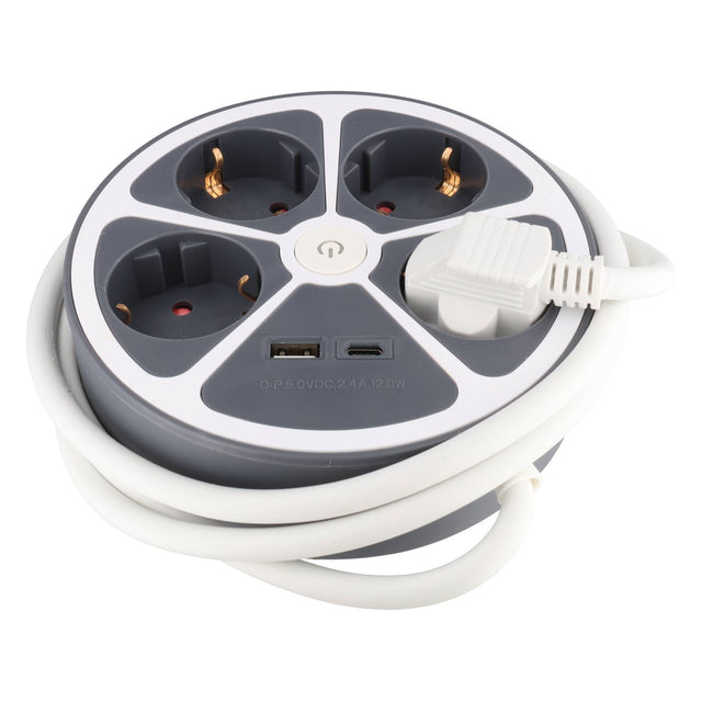 Tischsteckdose 4-fach mit USB-A und USB-C Ladeanschluss, runde Form, Kabellänge 1,4 Meter