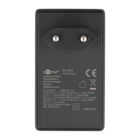 Goobay USB-C PD GaN Dual-Schnellladegerät, 90° Flat, 1x USB-C und 1x USB-A Anschluss, flaches Design