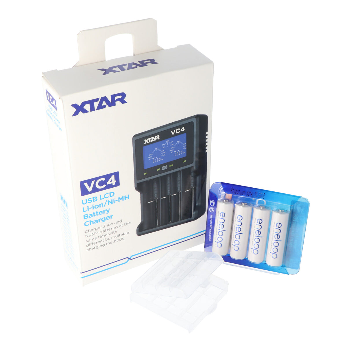 XTAR VC4 Schnell-Ladegerät inkl. 4 Panasonic eneloop Standard BK-3MCC1 AA Mignon Akkus + AkkuSafe
