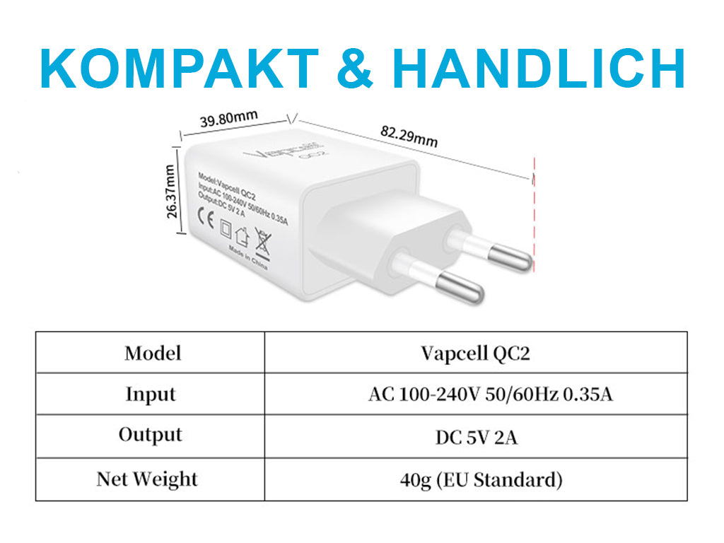 USB-Netzteil Vapcell QC2 5V - 2,1A mit 2 x USB-A Ausgang