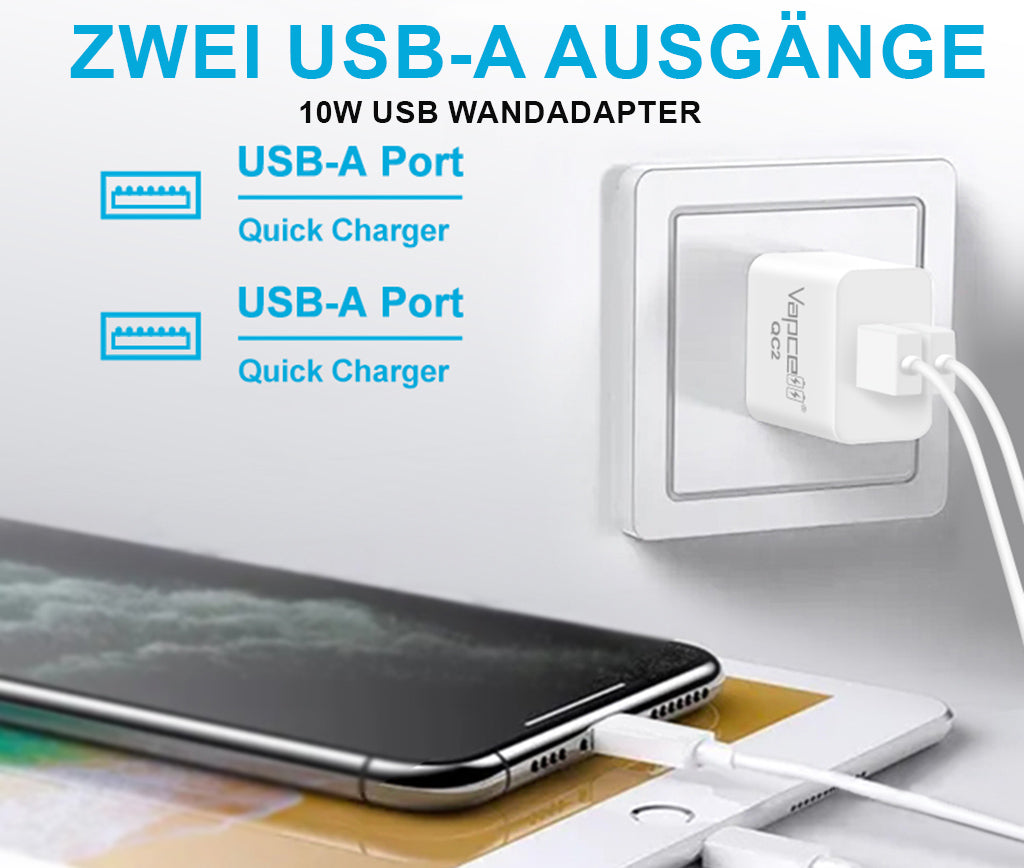 USB-Netzteil Vapcell QC2 5V - 2,1A mit 2 x USB-A Ausgang