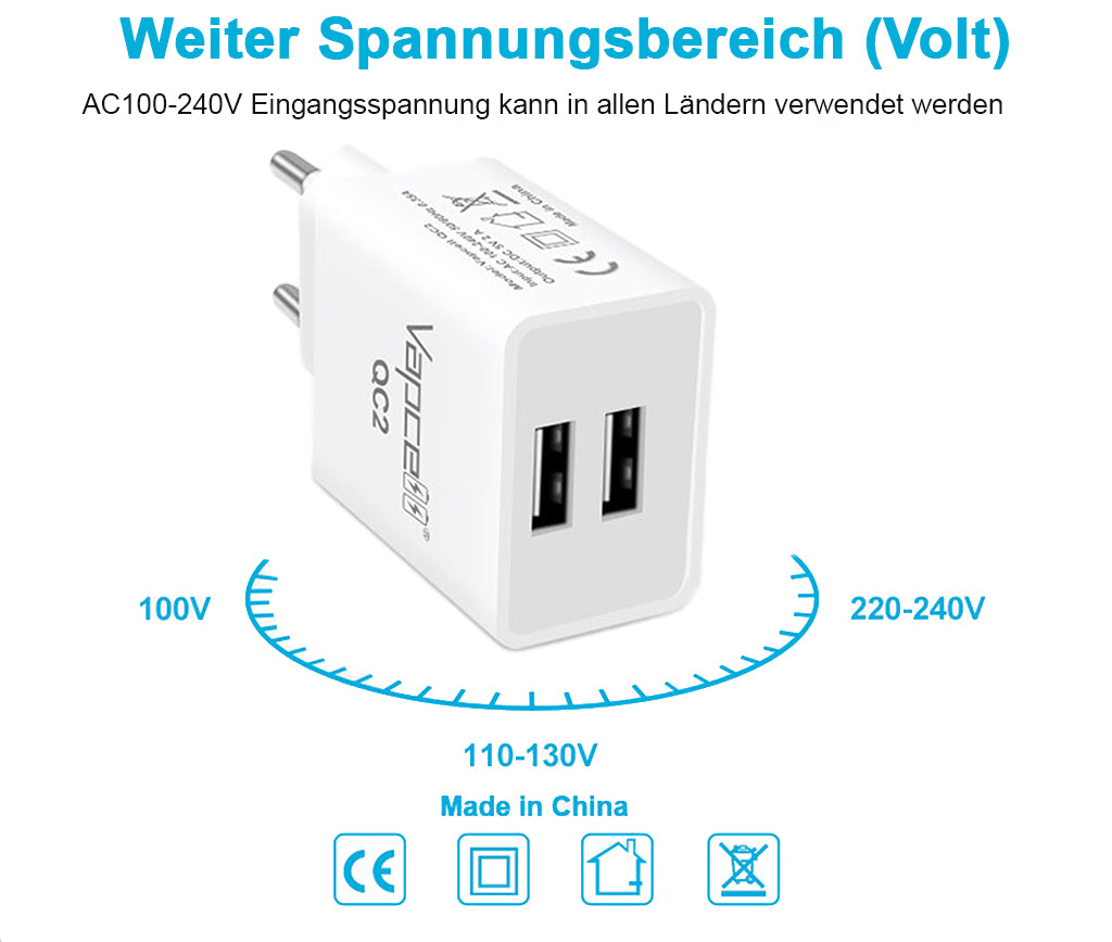 USB-Netzteil Vapcell QC2 5V - 2,1A mit 2 x USB-A Ausgang