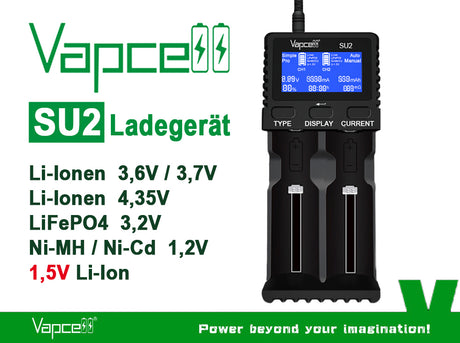 Vapcell SU2 – leistungsstarkes 2-Schacht Schnellladegerät für Li-Ion, LiFePO4, NiMH/NiCd und 1,5V Li-Ion Akkus