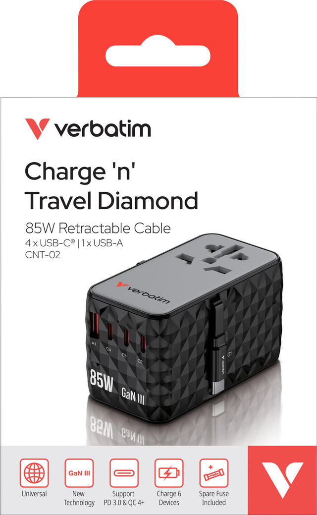 Verbatim Charge’n’Travel GaN III Reiseadapter 85W – Der universelle Schnellladeadapter für Reisen in über 180 Länder, USB-C Kabel integriert 1x USB-A QC, 4x USB-C PD, 100-250V, Retail