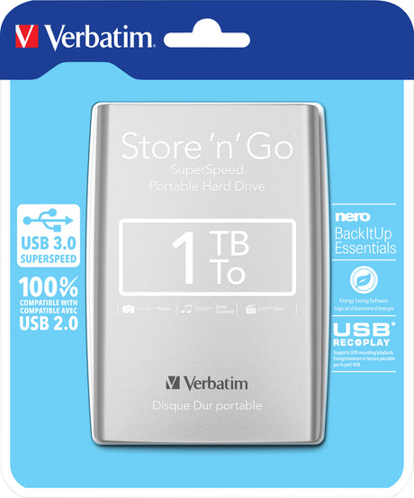 Verbatim Festplatte 1TB, USB 3.0, 6.35cm (2.5''), silber Store´n´Go, Portable, Software Nero Backup, Retail