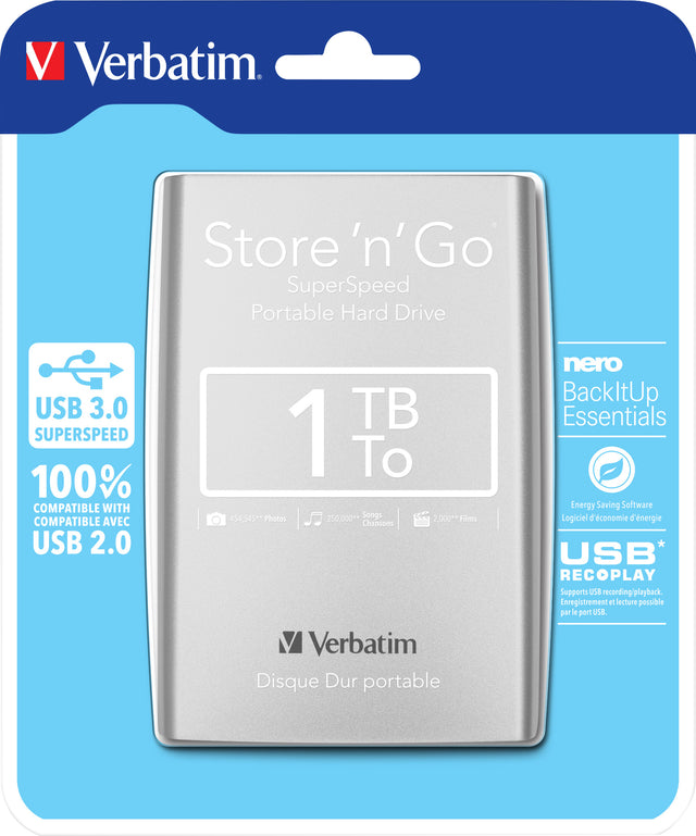 Verbatim Festplatte 1TB, USB 3.0, 6.35cm (2.5''), silber Store´n´Go, Portable, Software Nero Backup, Retail