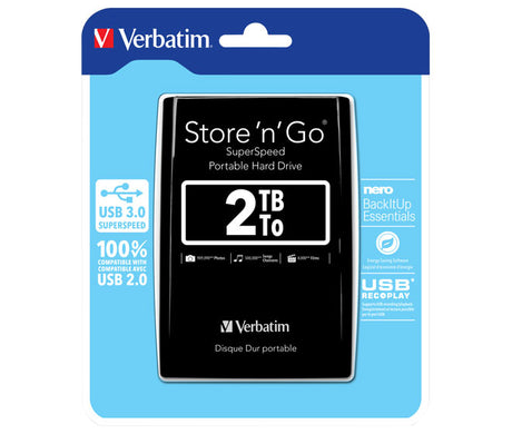 Verbatim Festplatte 2TB, USB 3.0, 6.35cm (2.5''), schwarz Store´n´Go, Portable, Software Nero Backup, Retail