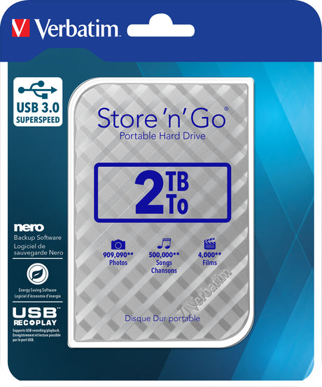 Verbatim Festplatte 2TB, USB 3.0, 6.35cm (2.5''), silber Store´n´Go, Gen 2, Software Nero Backup, Retail