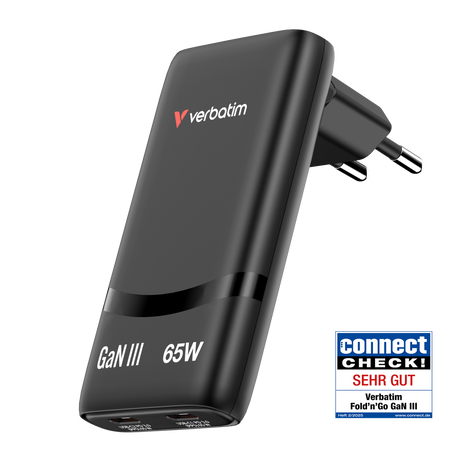 Verbatim Fold 'n’ Go GaN Charger 65W, schwarz 2x USB-C PD mit max. 65W, Retail