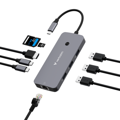 Verbatim Hub, Multiport, CMH-09, 3x USB 3.2-A, 2x USB 3.2-C HDMI 4K, RJ45, SD, microSD, USB 3.1-C Kabel, Retail