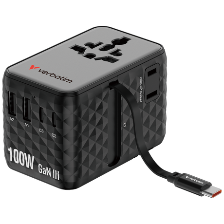 Verbatim Ladeadapter, Charge'n'Travel, GaN III, 100W, USB-C Kabel integriert 2x USB-A QC, 3x USB-C (PD), 100-250V, Retail
