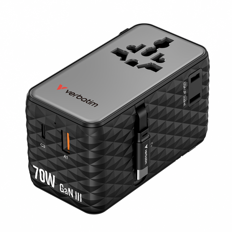 Verbatim Ladeadapter, Charge'n'Travel, GaN III, 70W, 2x USB-C Kabel integriert 1x USB-A QC, 3x USB-C PD, 100-250V, Retail