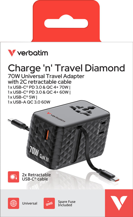 Verbatim Ladeadapter, Charge'n'Travel, GaN III, 70W, 2x USB-C Kabel integriert 1x USB-A QC, 3x USB-C PD, 100-250V, Retail